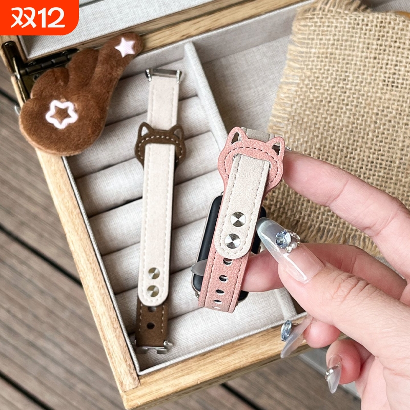 适用华为手环10表带翻毛皮猫耳扣9/8NFC创意反扣双钉荣耀10/9粉色拼色红米手环2/3秋冬女huawei智能运动配件