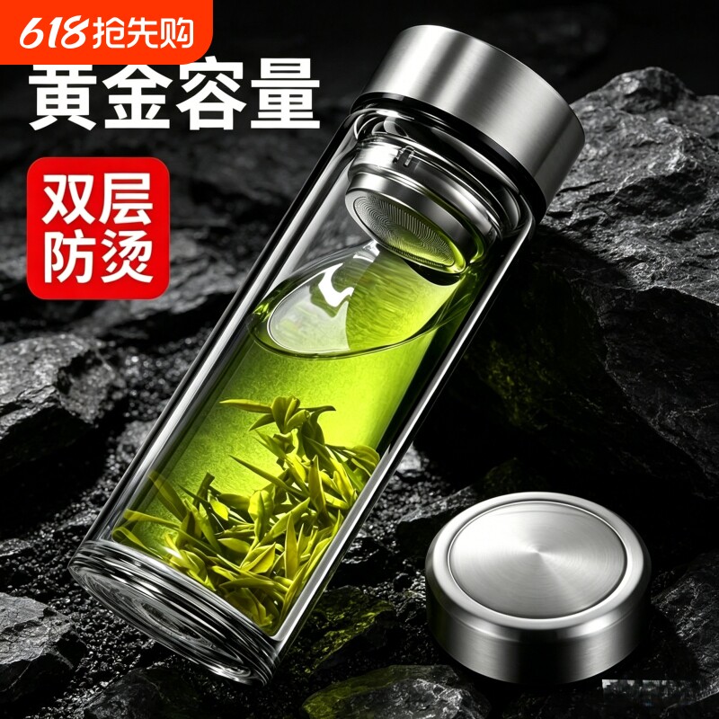 办公家用耐高温泡茶杯高级感轻奢茶水分离杯高硼硅双层玻璃杯