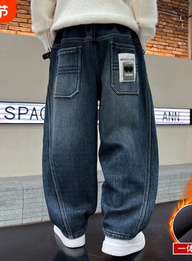 男童裤子秋冬款2025新款儿童牛仔加绒加厚大童一体绒长裤THH206