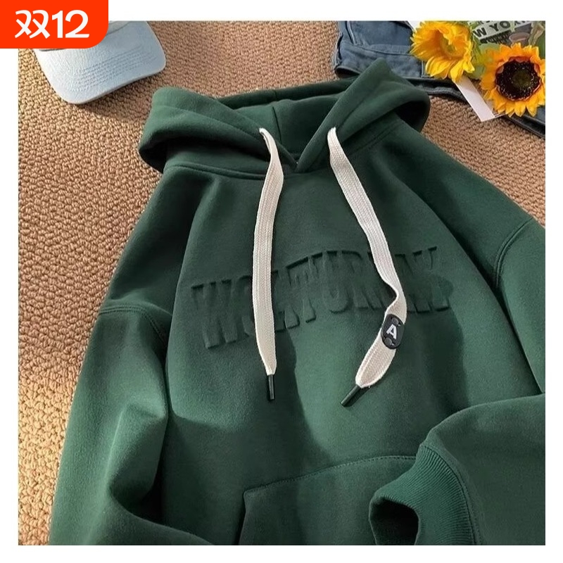 2024卫衣男春秋冬款潮牌美式宽松衣服男生连帽外套加绒红色黑色