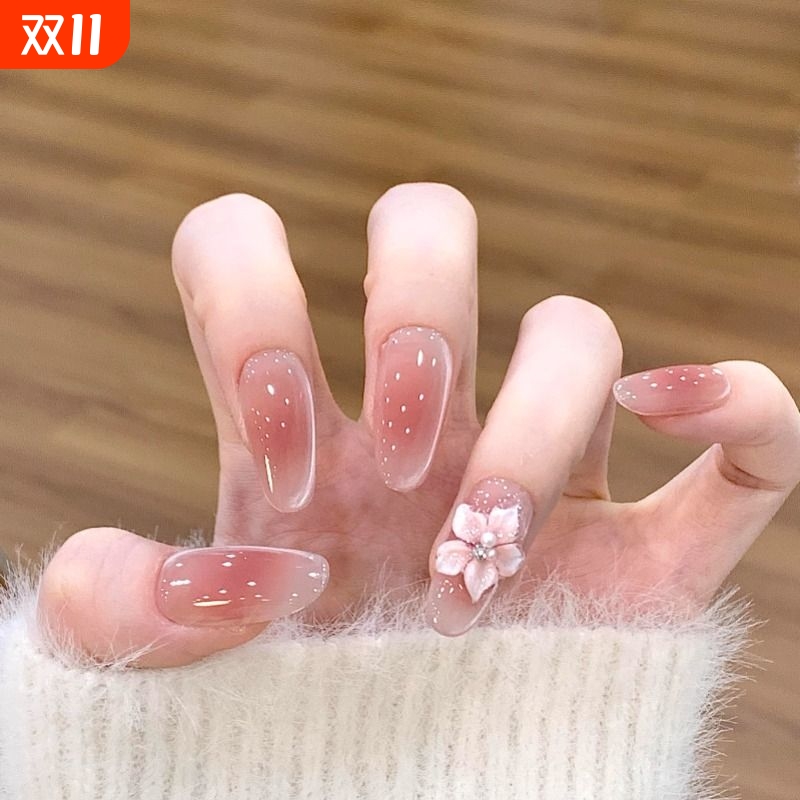 手工穿戴甲ins风纯欲冰花美甲显白腮红渐变猫眼气质甲片法式黑皮