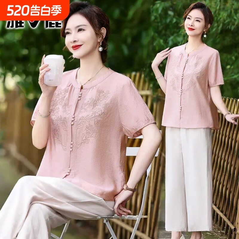 雅鹿妈妈夏季洋气国风短袖女夏装时尚中老年新中式上衣大码开衫薄