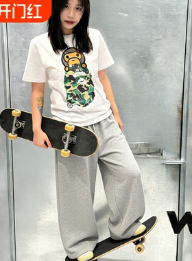 潮牌APE短袖t恤纯棉重磅SHARKAPE猿人迷彩滑板运动上衣夏白色黑色