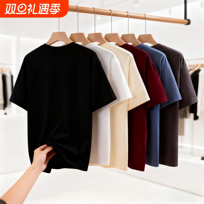 男士短袖t恤百搭新款夏季宽松白色圆领纯色潮流简约上衣体恤打底