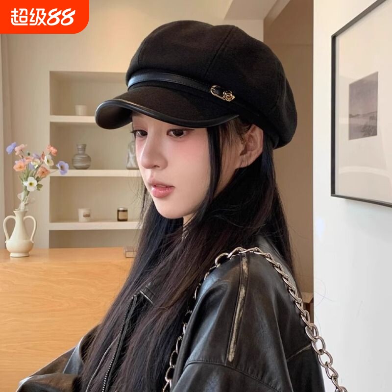 日系复古黑色鸭舌贝雷帽女休闲百搭显脸小八角云朵帽子白色英伦风