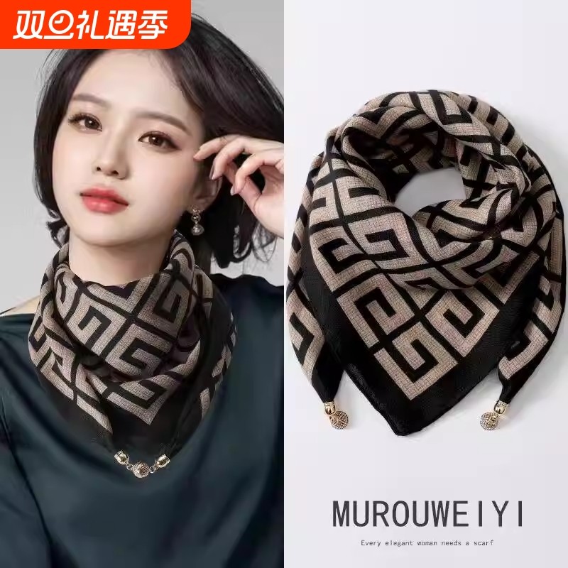 棉麻三角护颈围巾千鸟格2025新款春秋冬季丝巾防风围脖百搭方巾女