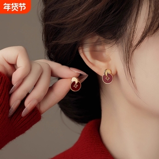 新年马年红色耳钉过年喜庆铜钱耳环生肖马耳饰耳夹无耳洞设计感