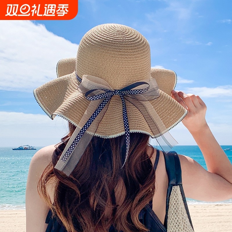 2025大檐草帽太阳帽遮阳凉帽女海边蝴蝶结夏新款防晒时尚沙滩