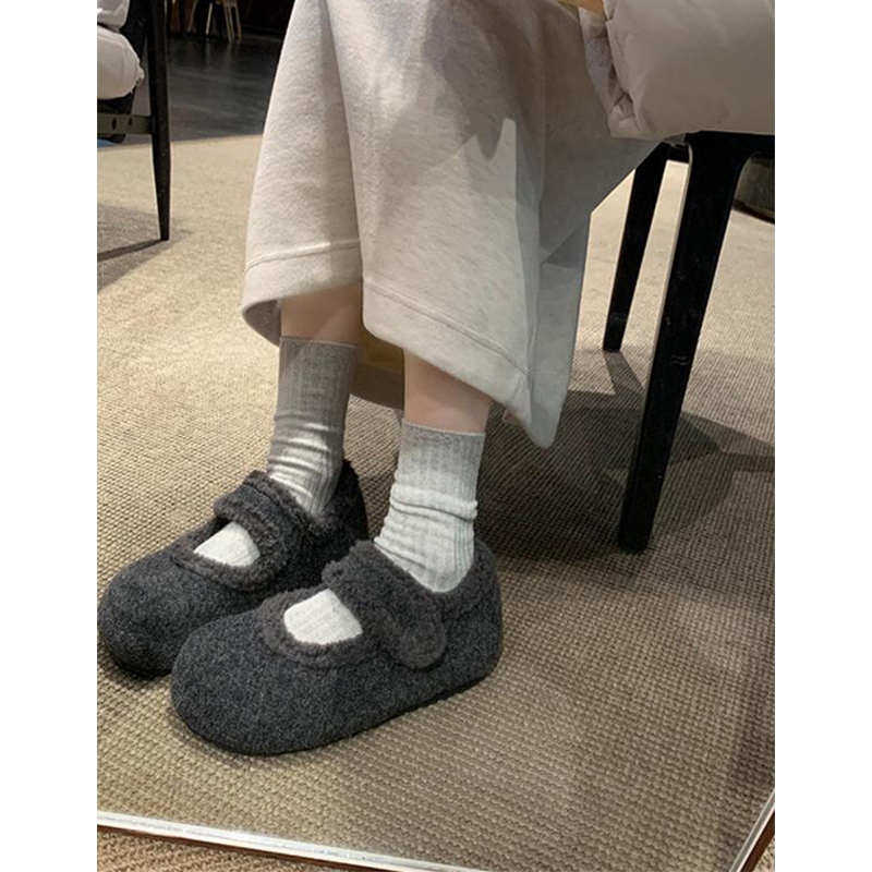 加绒玛丽珍鞋女冬毛毛鞋2025年新款内增高毛呢料配大衣勃肯棉鞋子