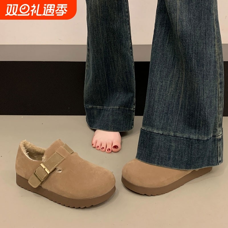 加绒勃肯鞋女2025秋冬新款复古厚底豆豆棉鞋一脚蹬孕妇全包博肯鞋