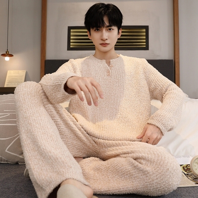 软绵绵半边绒睡衣男秋冬季加厚加绒保暖珊瑚绒男士春秋家居服套装