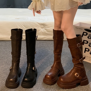 他她女孩长筒靴女秋2025新款靴子高筒女鞋骑士靴高跟长靴灰色黑色