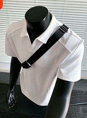 美式正肩男士polo衫短袖夏季潮流痞帅拼接翻领t恤衫男款衣服白色