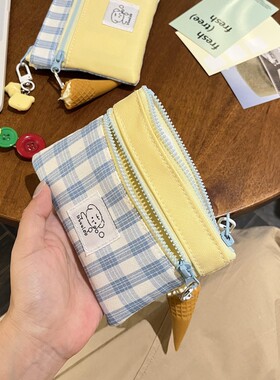 韩系奶黄撞色格子零钱包