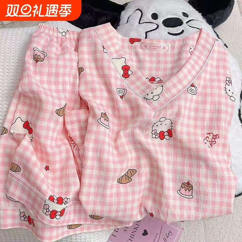 纯棉夏季女士睡衣薄款少女生云朵棉V领卡通短袖短裤家居服两件套
