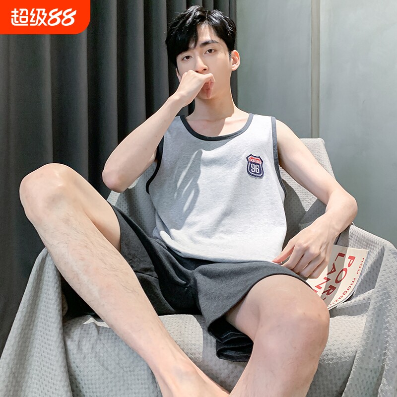 夏季薄款背心短裤睡衣男宽松休闲家居服中年男士大码无袖套装纯棉