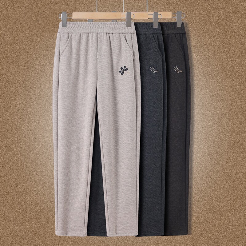 中年妈妈裤子秋冬季高腰直筒宽松外穿中老年女士休闲加绒直筒女裤