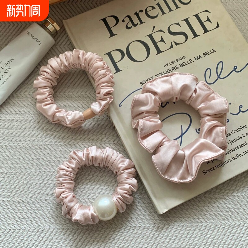 甜美粉色缎面褶皱珍珠小肠发圈女2025新款高端扎头发皮筋发绳头绳