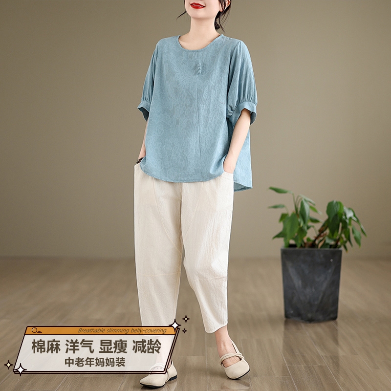 中老年女装妈妈夏装套装2025新款小个子宽松显瘦短袖休闲裤一整套