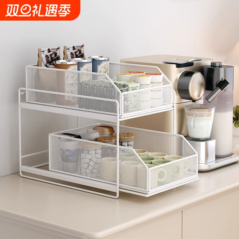杯子收纳置物架餐边柜咖啡杯茶杯茶具桌面水吧收纳柜子抽拉式双层