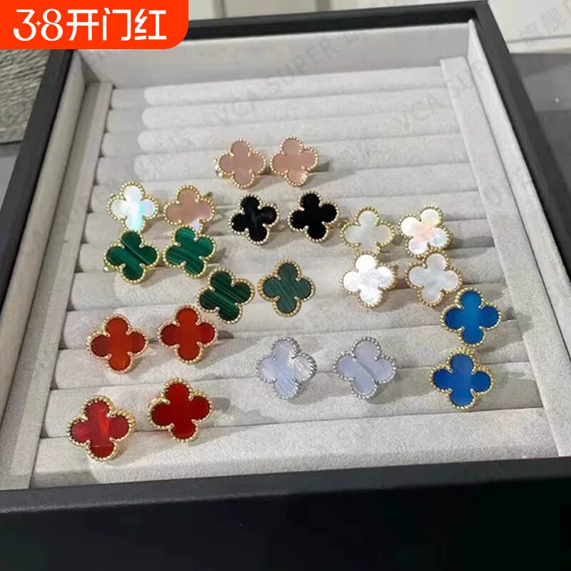 高级感四叶草耳扣纯银镀18k玫瑰金黑玛瑙红玉髓耳环耳钉耳拍贝母