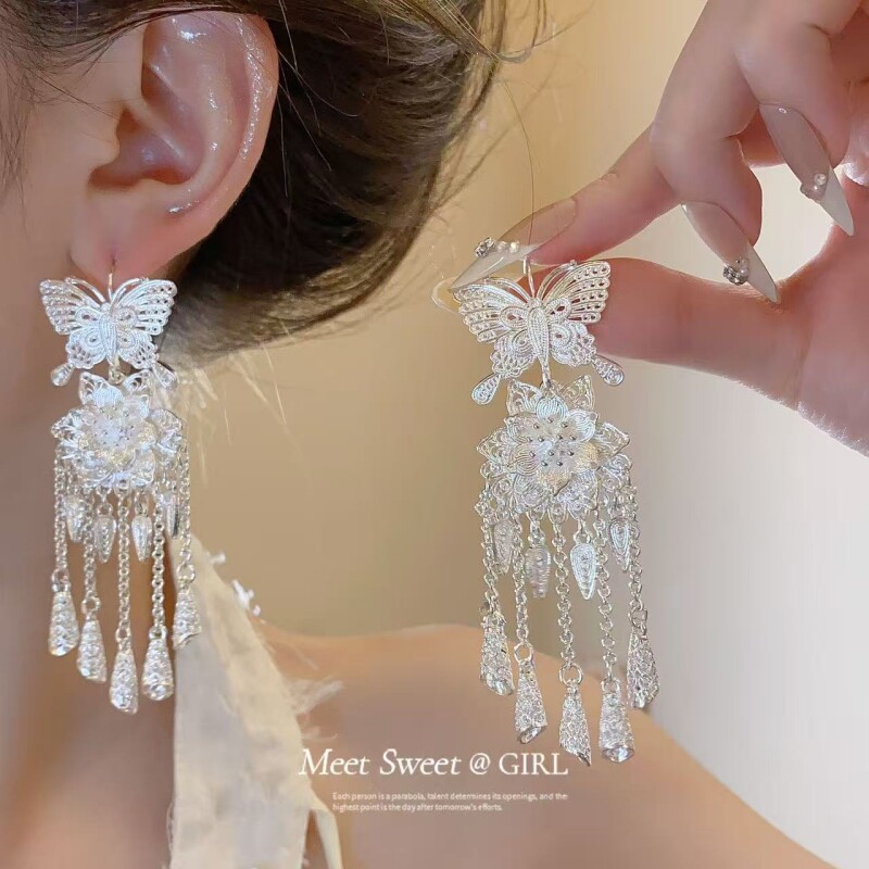 异域民族风花丝蝴蝶苗族耳环复古长款小众漂亮耳饰女银色耳坠耳钉