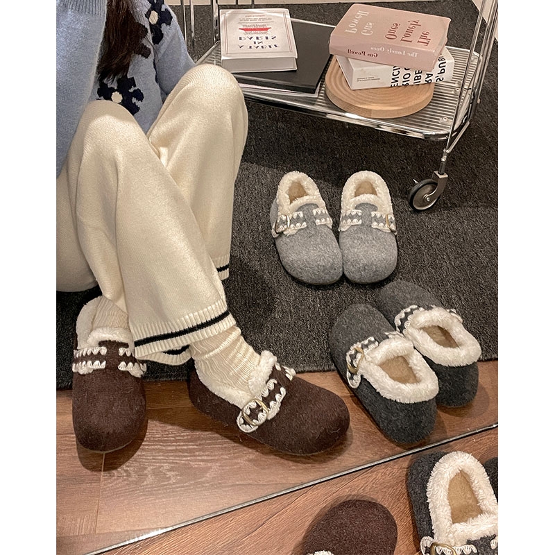 灰色复古内增高厚底加绒雪地棉鞋女冬2025新款加厚保暖毛毛勃肯鞋