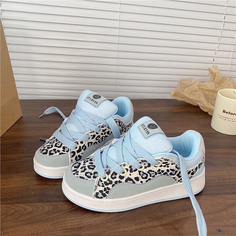 板鞋女多巴胺原创小众拼色豹纹女ins新款百搭运动休闲系带圆头