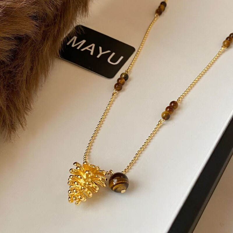 复古轻奢虎眼色松果吊坠项链女2026新款爆款长款毛衣链颈链配饰品