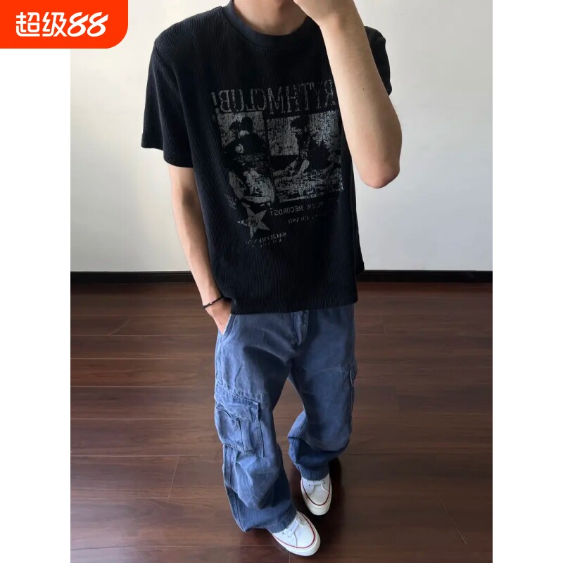华夫格vintage水洗做旧短袖T恤男图片