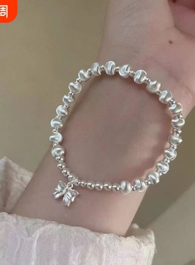 幂琳999纯银手链女银珠手串手工弹力绳简约圆珠猫眼女新款铃铛