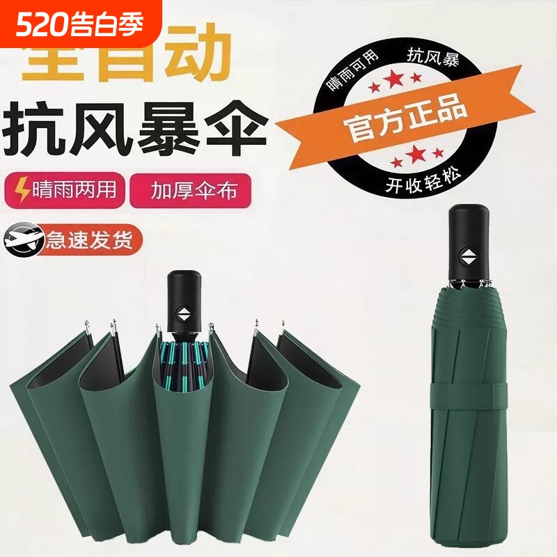 全自动双龙骨晴雨伞24骨黑胶加大防晒防紫外线折叠雨伞