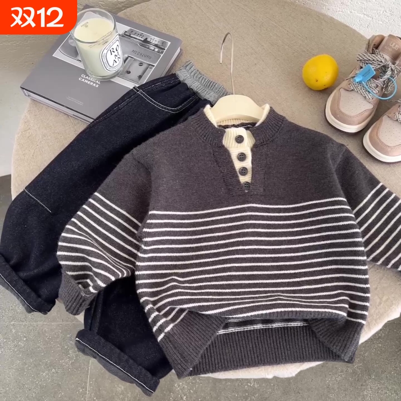 冬季毛衣儿童服饰韩版百搭加厚针织衫条纹男女同款上衣童装