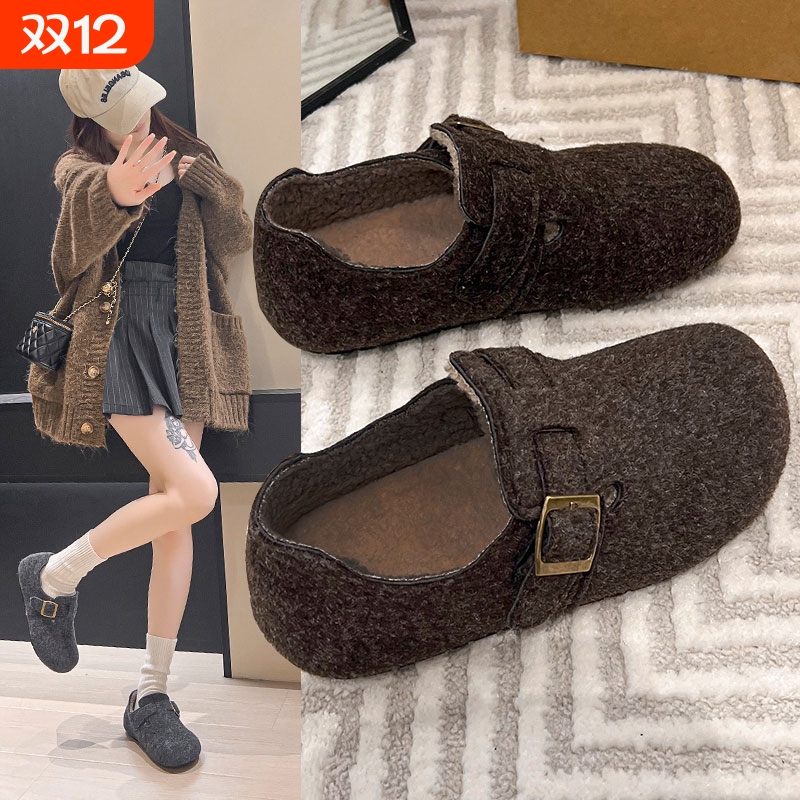 灰色勃肯鞋女鞋子2025秋冬新款爆款一脚蹬懒人鞋加绒博肯棉鞋单鞋