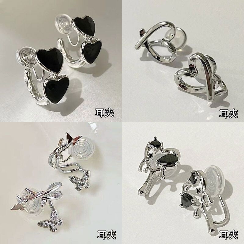 甜酷小众黑色爱心蚊香盘耳夹无耳洞女无痛耳饰辣妹冷淡风高级耳环图片
