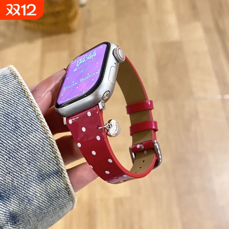 适用iwatchs11表带蛋糕波点漆皮红色苹果手表10/9韩风百搭8/7/6智能运动配件5/4ultra3/2/1