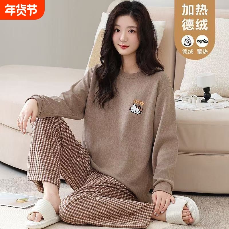 秋冬2025新款德绒睡衣女款长袖加绒加厚女士家居服套装可外穿休闲