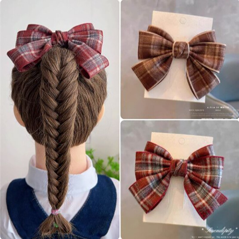 韩版秋冬呢料英伦风格子蝴蝶结儿童发夹刘海对夹发饰头饰短发卷发
