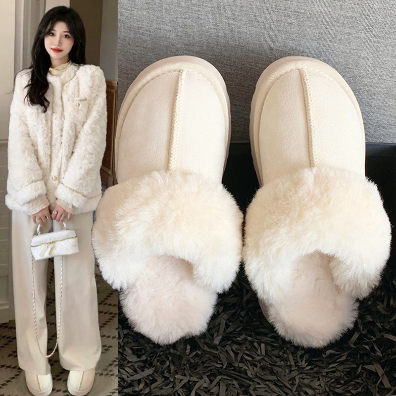 毛毛拖鞋女外穿2025新款冬季加绒棉鞋厚底保暖包头皮毛一体雪地靴
