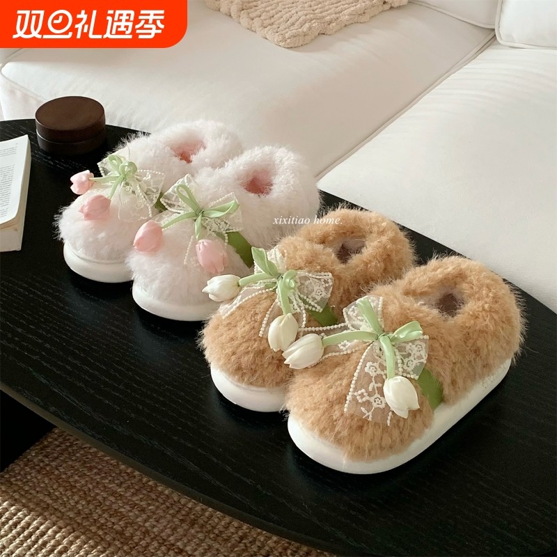细细条保暖蕾丝法式郁金香棉拖鞋居家冬包跟毛毛鞋女棉鞋白色防滑