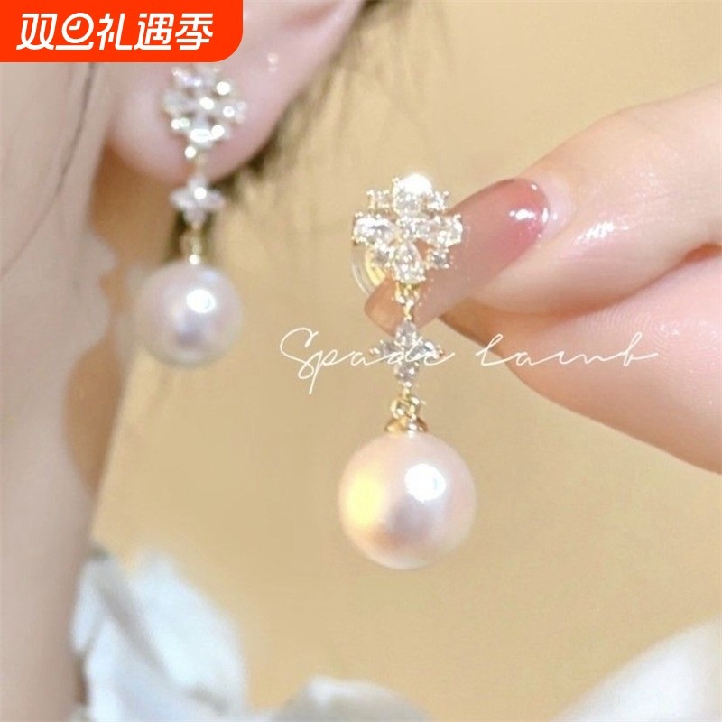 「奶霜」温柔小香风花朵珍珠流苏无耳洞蚊香盘耳夹法式耳环女雪花