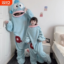 丑鱼连体睡衣女珊瑚绒加厚保暖睡袋冬季大嘴鱼睡袍男亲子可爱外出