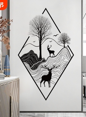 卉之彩CH46070深林有鹿北欧客厅卧室鹿贴画水墨麋鹿背景自粘墙贴