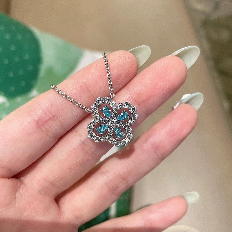 925法式轻奢高级千金感四叶草满钻海蓝宝黄钻项链小众精致锁骨链