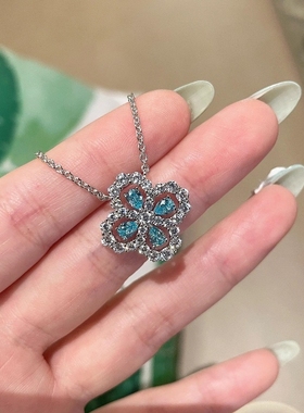 925法式轻奢高级千金感四叶草满钻海蓝宝黄钻项链小众精致锁骨链