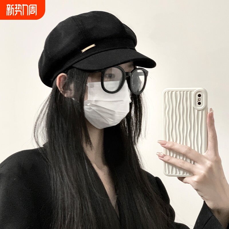 贝雷帽子女2026新款春夏季显脸小画家帽报童八角帽户外休闲黑色