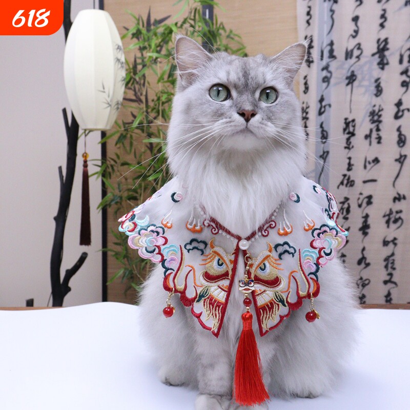 猫咪汉服配饰云肩红色醒狮刺绣宠物服饰古风配饰狗狗围兜吊坠围脖