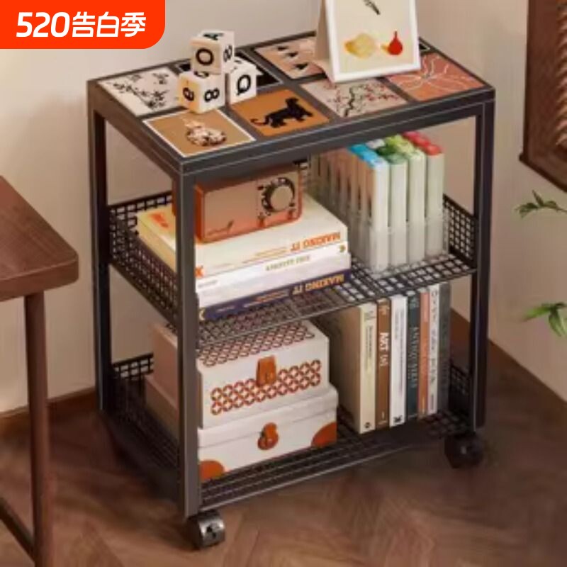 书桌旁小书架可移动桌下书本收纳带轮书柜工位落地桌边文件置物架
