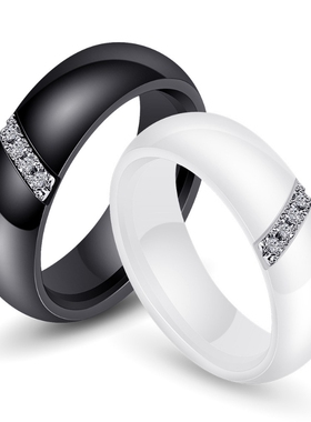 欧美跨境亚马逊热卖 简约6MM斜边陶瓷戒指潮流钛钢镶锆石指环批发
