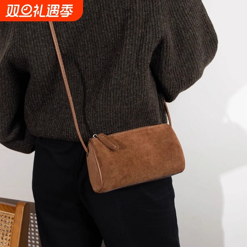 秋冬季小众手机包时尚休闲复古绒面软皮圆筒包水桶包单肩斜跨女包